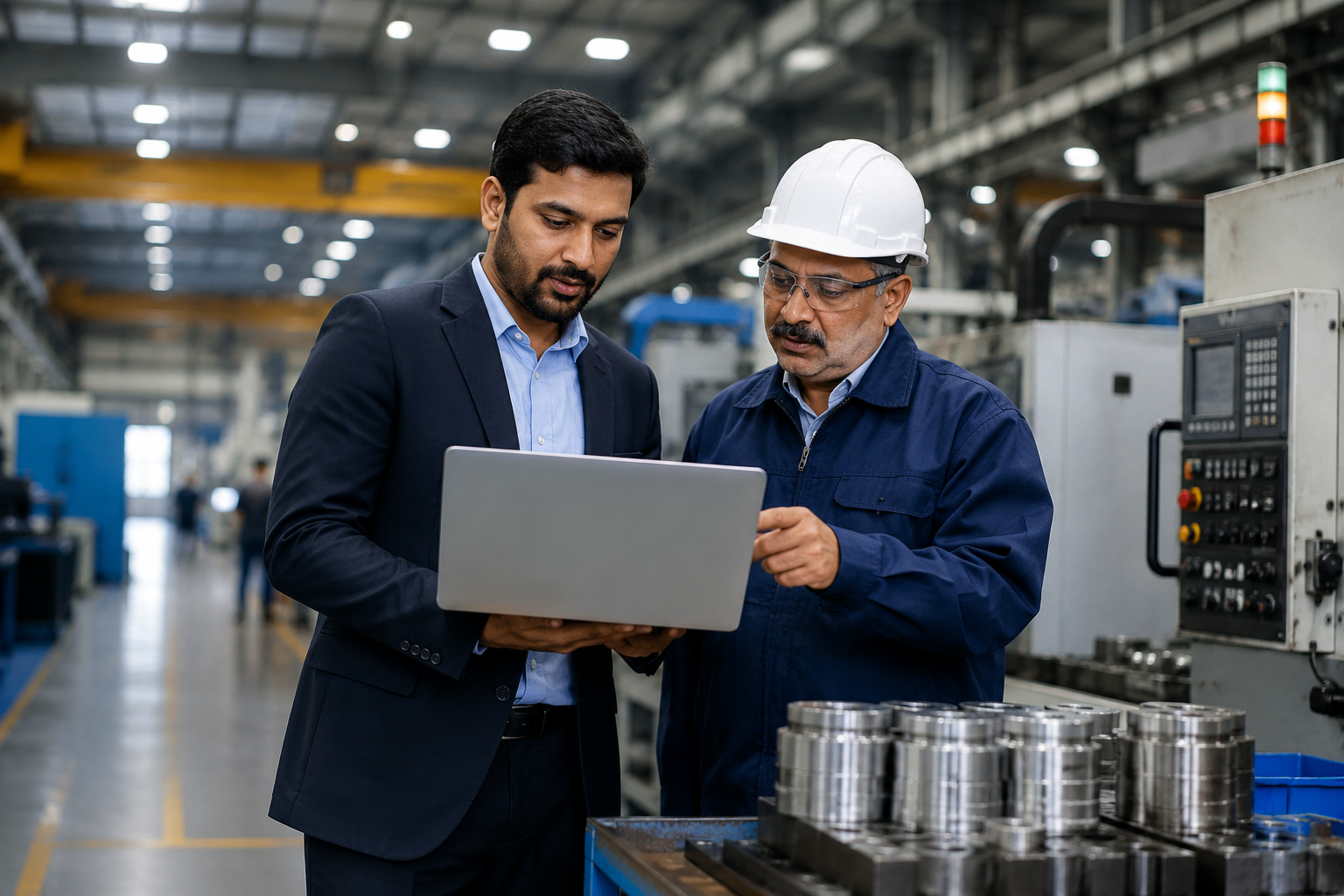 OINDC consultant discussing manufacturing process improvement with plant personnel
